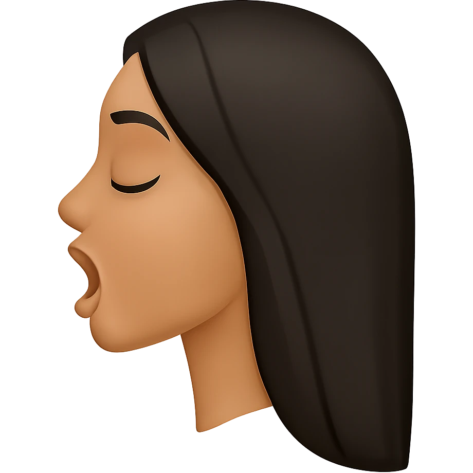 Create a side view (profile) of this woman's head in the normal iPhone emoji style, with closed eyes and an open mouth, smooth shading, no outlines, and long dark hair. This is variant 1. The style should closely resemble the iPhone emoji style with smooth shading and no outlines. emoji