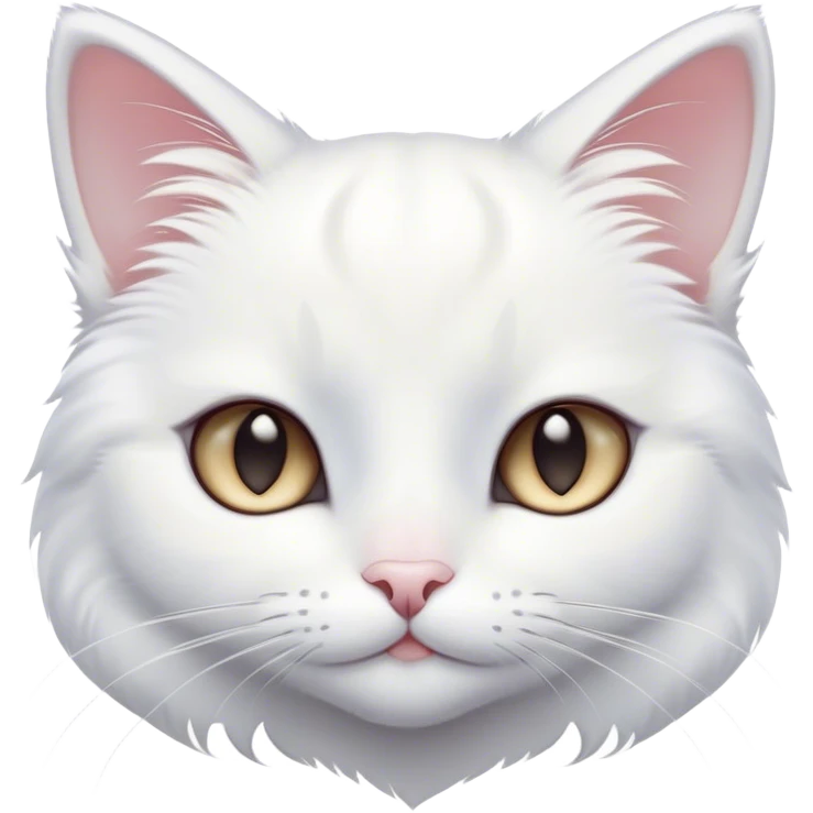 Cinematic Cute White Cat Portrait Emoji, Head tilted with a soft, gentle smile and sparkling eyes, featuring a silky, pristine white fur with subtle silver highlights, simplified yet irresistibly adorable, highly detailed, glowing with a warm, snowy glow, high shine, radiating affectionate charm and tender grace, styled with a light, playful outline, capturing the essence of a cute white cat that looks as if it could melt your heart with a single blink! emoji
