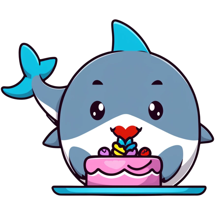 friendly shark with puckered lips kissing a decorated cake emoji