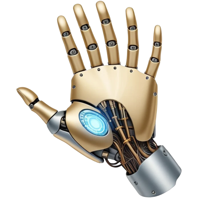 An icon inspired by Da Vinci’s 'The Creation of Adam', featuring a robotic hand reaching out to touch a human hand, symbolizing artificial intelligence. The design includes neural networks, glowing circuits, and a holographic brain. Transparent background emoji