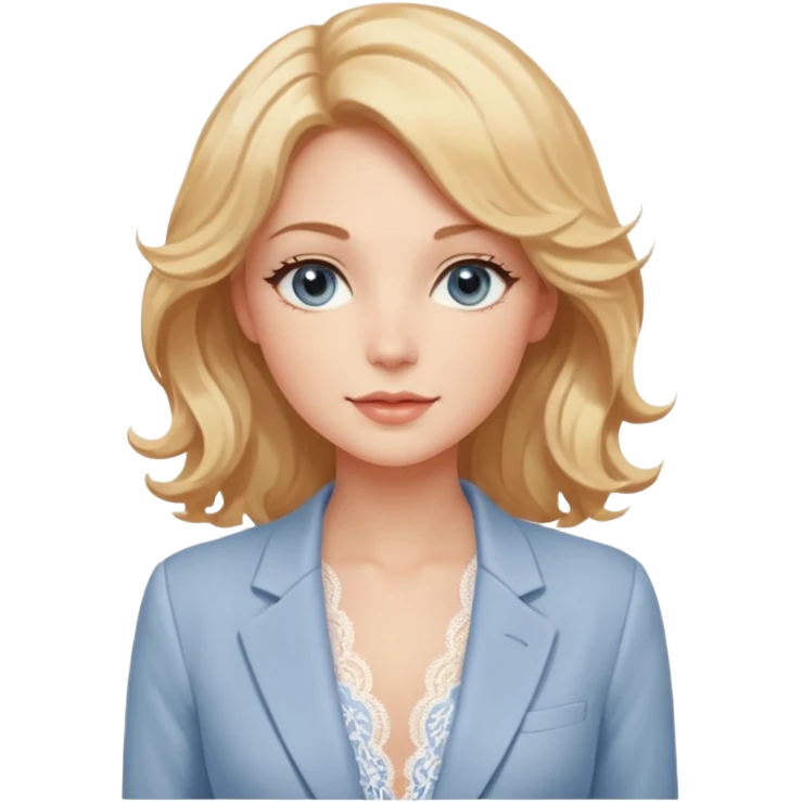Telegram-style sticker pack of a gentle woman with fair skin, wavy honey-blonde hair, and calm gray-blue eyes. She wears blush lace lingerie and a white blazer, radiating warmth and confidence. Stickers are lively, bright, and expressive, with a soft romantic tone. emoji