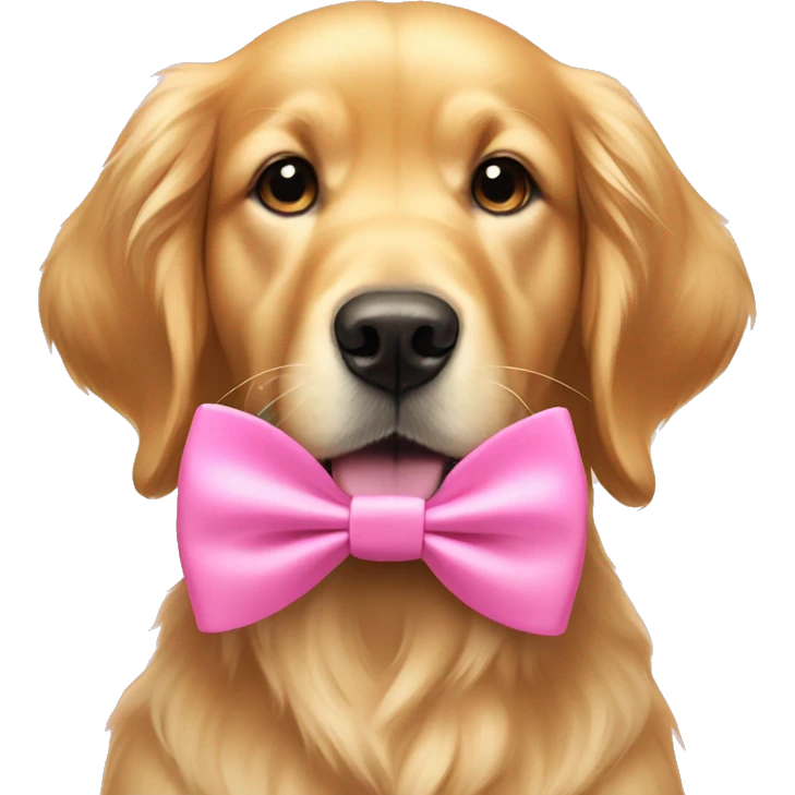 Golden retriever wearing a pink bow on his ear and a pink bow tie emoji