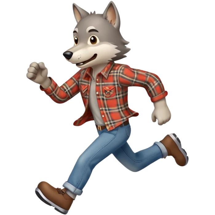 friendly anthropomorphised wolf in a plaid shirt and jeans running emoji