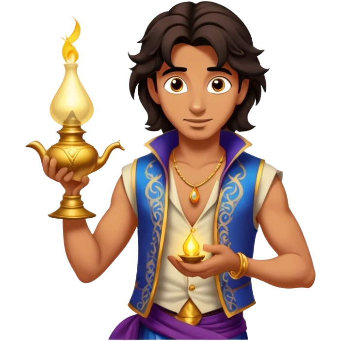 Cinematic Realistic Aladdin Portrait, depicted with lifelike, warm skin textures and a confident yet approachable gaze. His dark, wind-tousled hair frames expressive eyes full of adventure and kindness. Dressed in his iconic vest and loose trousers with intricate detailing, he holds a subtle glimmer of a magic lamp, all rendered under soft natural lighting with a radiant glow that captures his resourceful spirit. emoji