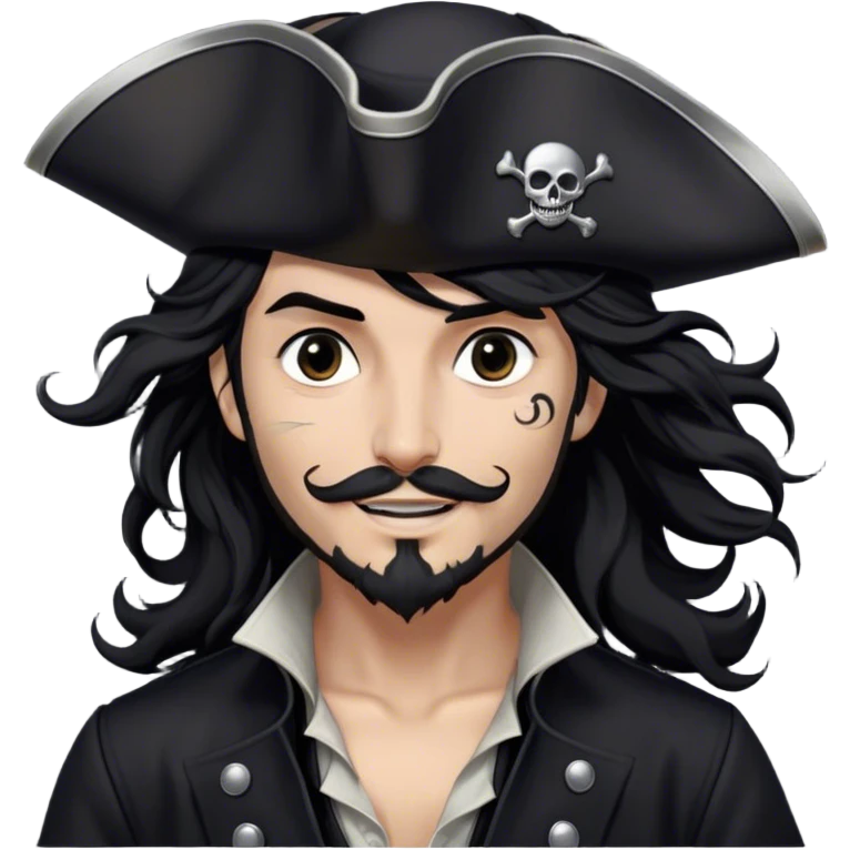 A charismatic pirate with wavy black hair tousled by the breeze. His silver-embroidered tricorn hat casts a shadow. Dark eyes glint with mischief as he looks to the side, a knowing smile on his lips. His black coat, adorned with silver buttons, shifts with the wind emoji