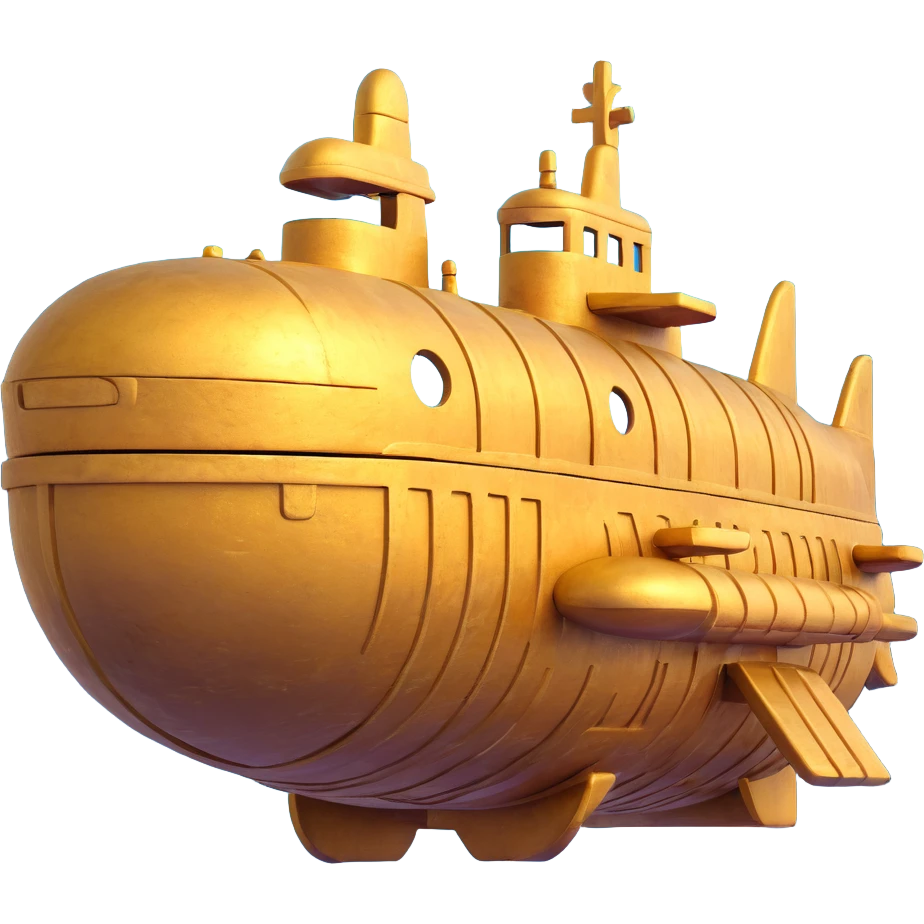 ancient golden submarine with Anunnaki motifs, ziggurat architecture integrated, underwater, weathered look emoji