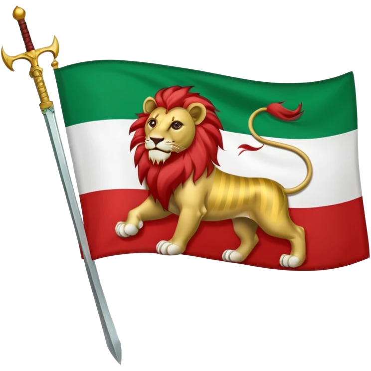 The flag of Iran is green at the top, white in the middle, and red at the bottom, with the symbol of the lion and the sun in the middle. The lion is looking at the robot and has a sword in his right hand, and the sun is behind the lion. emoji