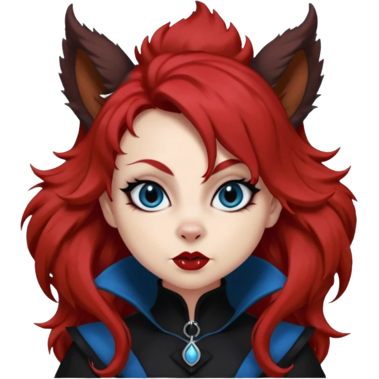  long super curly blood red hair (darker), red pointed squirrel ears with black trim, black goth outfits, body and face human, blue eyes, more pointy chin, black lipstick, one big fluffy red squirrel tail with black tips, close her mouth, less evil looking emoji