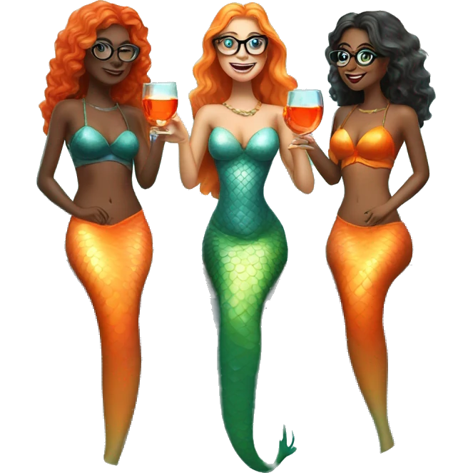 Three beautiful mermaids with glasses and drinking aperol emoji