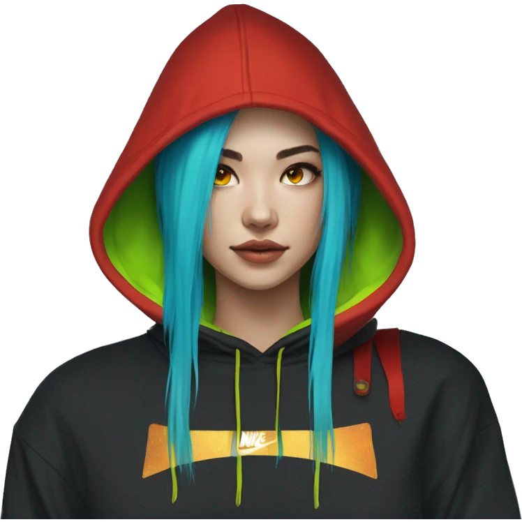 Lady with brunette and iridescent blue hair, gold, lime green dragon wings, black hoodie, bleach dyed, black and gold Nike t shirt, and bright red eyes emoji