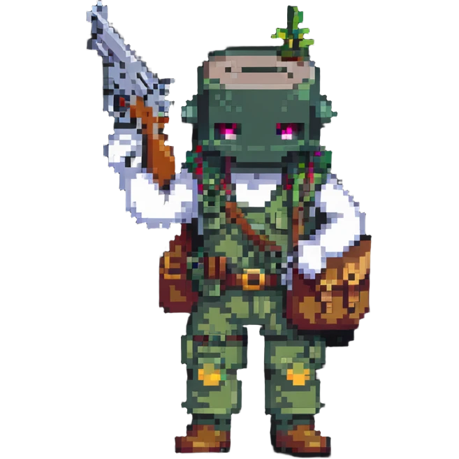 cartoon character with bag on head holding a gun full body emoji
