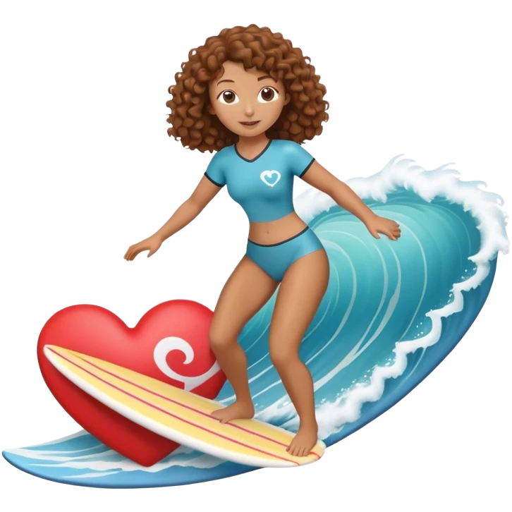Woman with brown curly hair surfing wave in 3d heart emoji