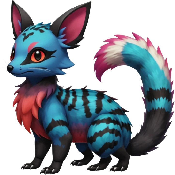 Rare realistic exotic cute epic aesthetic gothic colorful Salandit-Eevee-Civet-species-Fakemon-hybrid-creature, with markings, full body emoji