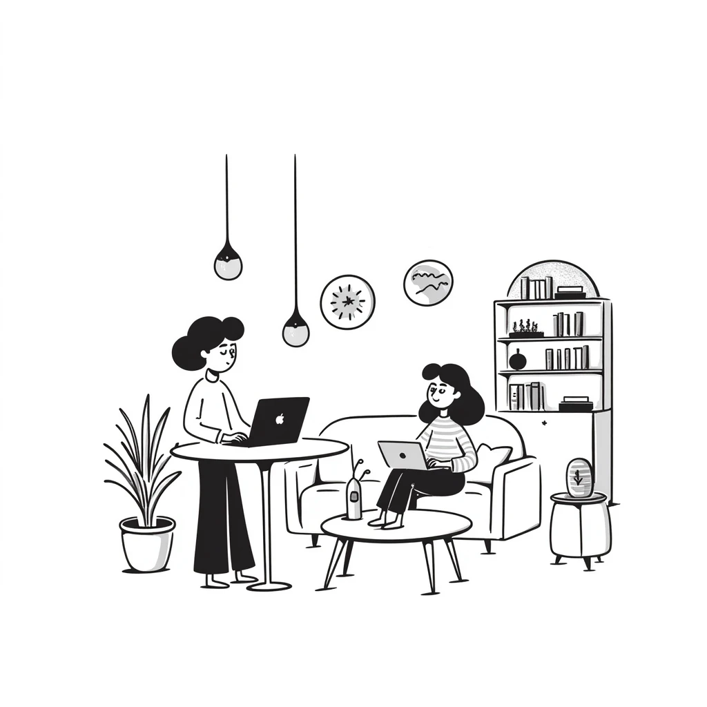 escenary 3d of a cozy mid-century living room with two people working on laptops, one man standing at a desk, and one woman sitting on a couch emoji
