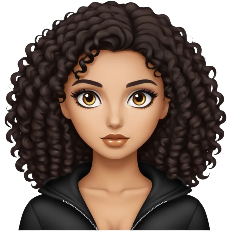 dark curly hair, pretty eyes, tan skin, pretty makeup, pretty bratz baddie emoji