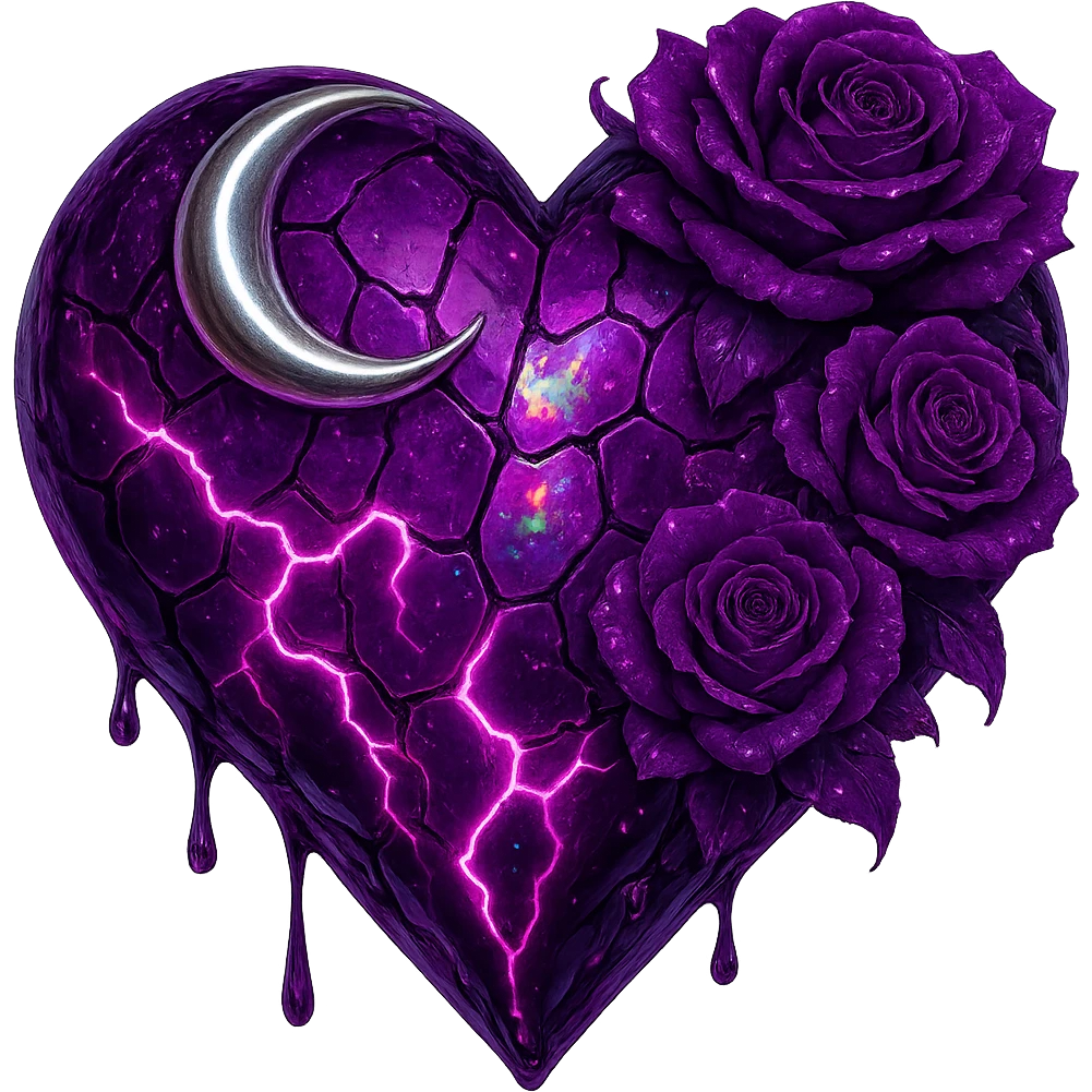 Edit the gothic heart to use fractured deep purple glass, a silver crescent moon, purple roses, iridescent holographic stardust, neon lightning bolts, and a wet, shiny finish. Keep the background transparent. The style should reflect a detailed and vibrant gothic aesthetic with emphasis on the glass texture and reflective wet surface. emoji