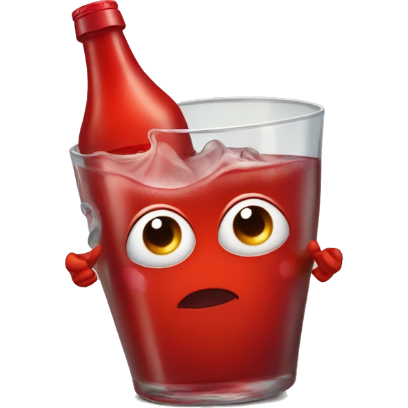 A red heart ❤️ with eyes, a mouth, and hands, looking tipsy and drunk, holding a bottle of drink in one hand, with a playful, wobbly expression emoji