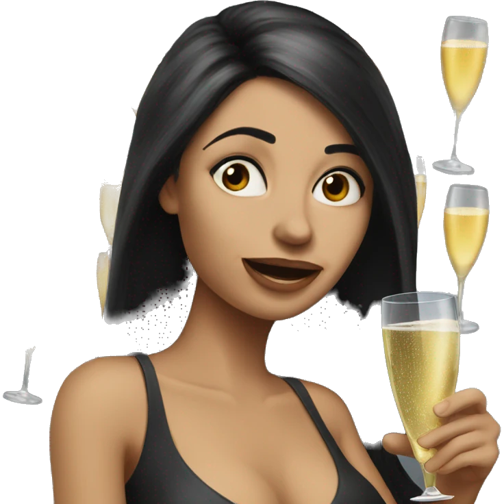 Hyperrealistic Funny woman with black long hair drinks champagne emoji