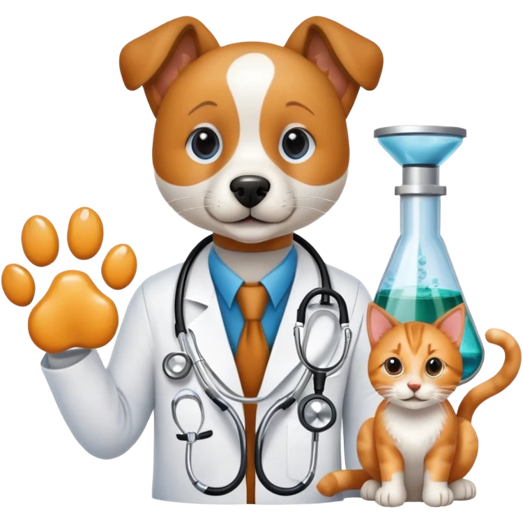 An icon featuring a stethoscope, a microscope, and an animal paw print, symbolizing veterinary science. The design includes a dog and a cat in the background, representing animal health research, diagnostics, and treatments. Transparent background highlights the scientific study of animal care. emoji
