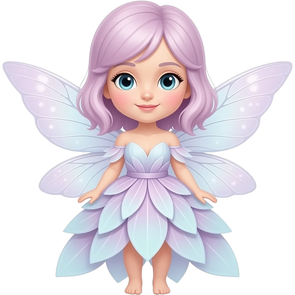 A cute elegant garden fairy with soft pastel hair, a flowing petal dress, delicate translucent wings, rosy cheeks, and a gentle magical glow. emoji