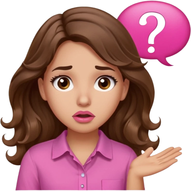girl with long wavy brown hair, brown eyes, light to medium complexion, in a pink shirt, pink lips, long lashes, confused, question mark one speech bubble emoji