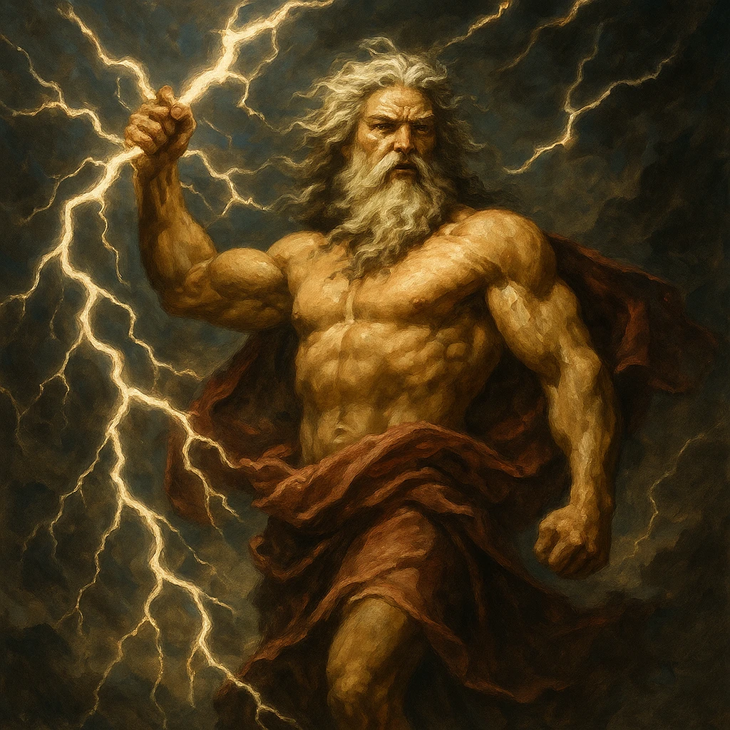 Zeus in a dramatic storm, lightning crackling around him, mythological illustration, powerful and dynamic emoji