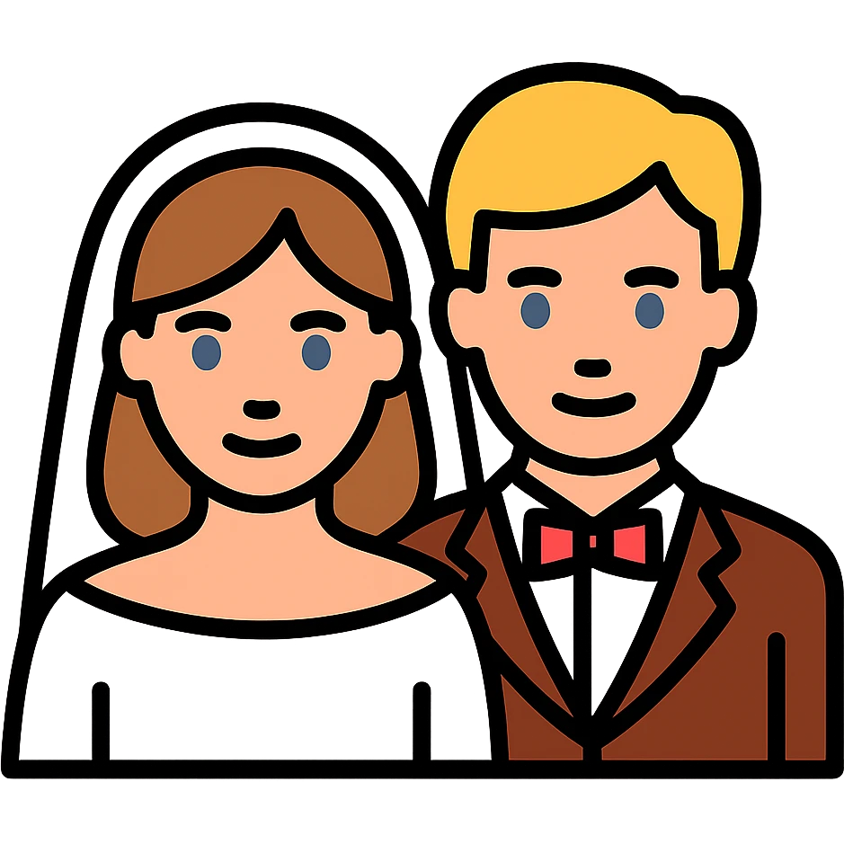 portrait of a bride with light brown hair and grey-blue eyes, and a groom with blonde hair, blue eyes, wearing a brown suit emoji