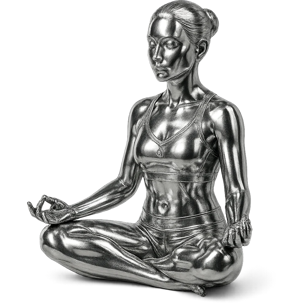 chrome style figure of a woman sitting in the lotus position, meditating, highly reflective and metallic emoji
