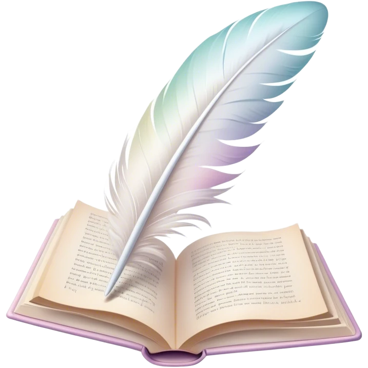 Create a delicate and poetic emoji representing poetry. The design should feature several elegantly flying pages with short poetic columns written on them. The pages should appear light and flowing, almost as if being carried by the wind. Include one white feather, gently resting on the pages, symbolizing creativity and inspiration. Use soft, pastel tones to give it a dreamy, artistic feel. The design should feel ethereal and whimsical, capturing the essence of poetry. Make the background transparent. emoji