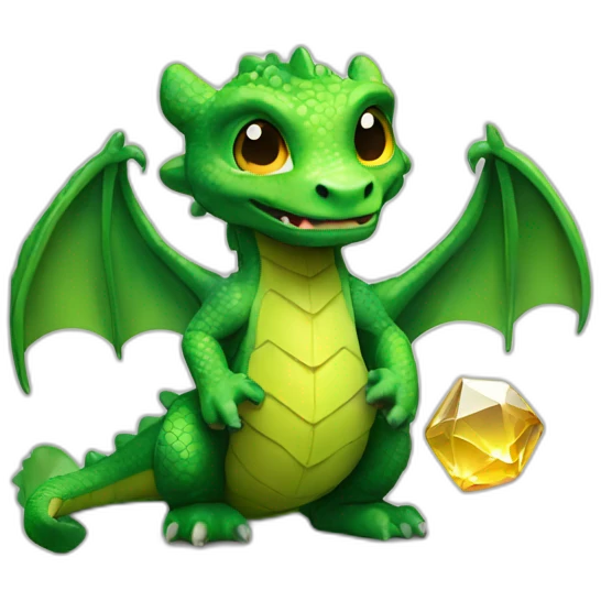 A green little dragon looks at me and holds a crystal shak in his hands emoji