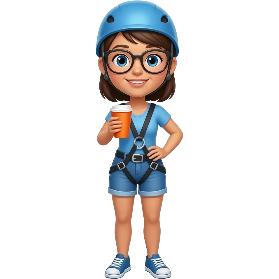 Zipline lady wearing blue Top, Blue Short and Orange Cup , shehas eyeglasses emoji