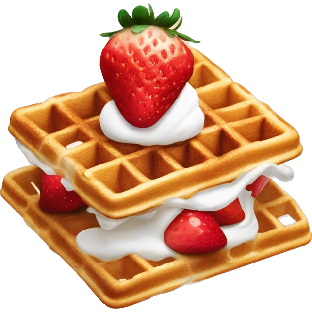 square waffle with dollop of whipped cream and strawberries on top emoji