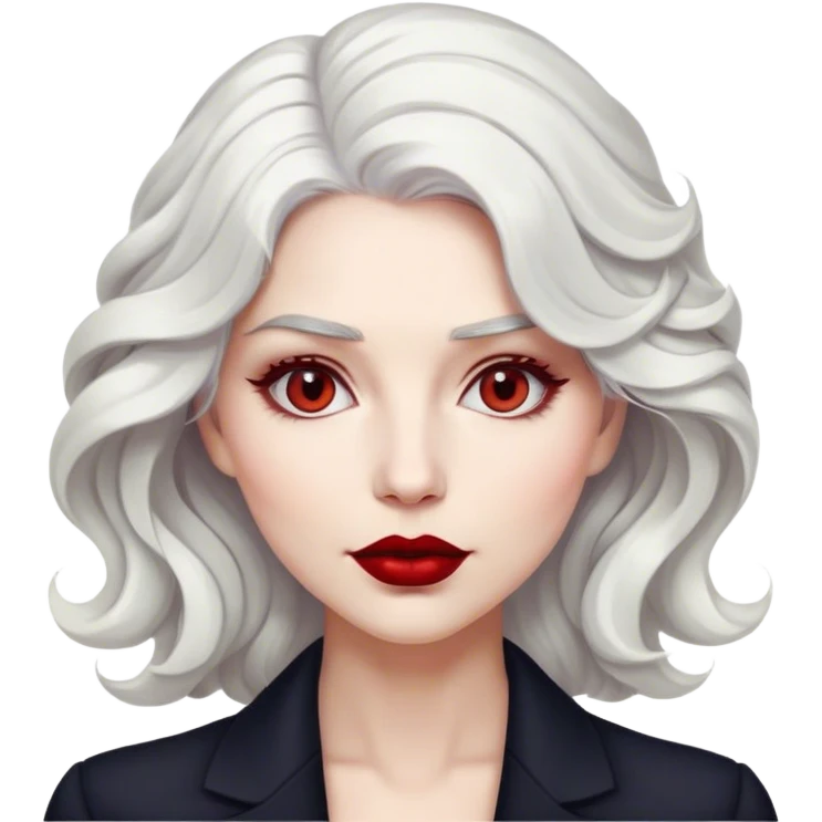 A detailed emoji of a stylish woman with wavy white hair, light gray eyes, and deep red lipstick. She has a confident and elegant expression, glossy and vibrant, resembling a modern digital emoji. emoji