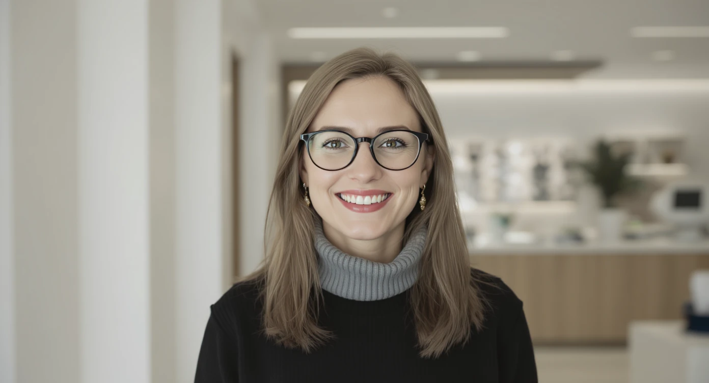 Cinematic still of a smiling european white woman with glasses smiling, minimalistic ophthalmologist interior in background, leading  lines, rule of thirds emoji