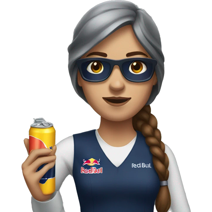 White woman with brown hair working with Red Bull emoji