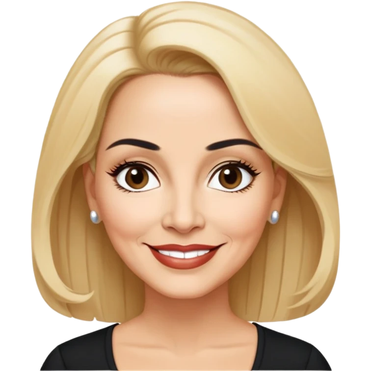 Professional portrait of Linette Torres, Puerto Rican actress in her 50s with light skin, age-appropriate features, charismatic expression, bright eyes, beautifully shaped eyebrows, charming smile, elegant blonde hair, wearing a classic black top emoji