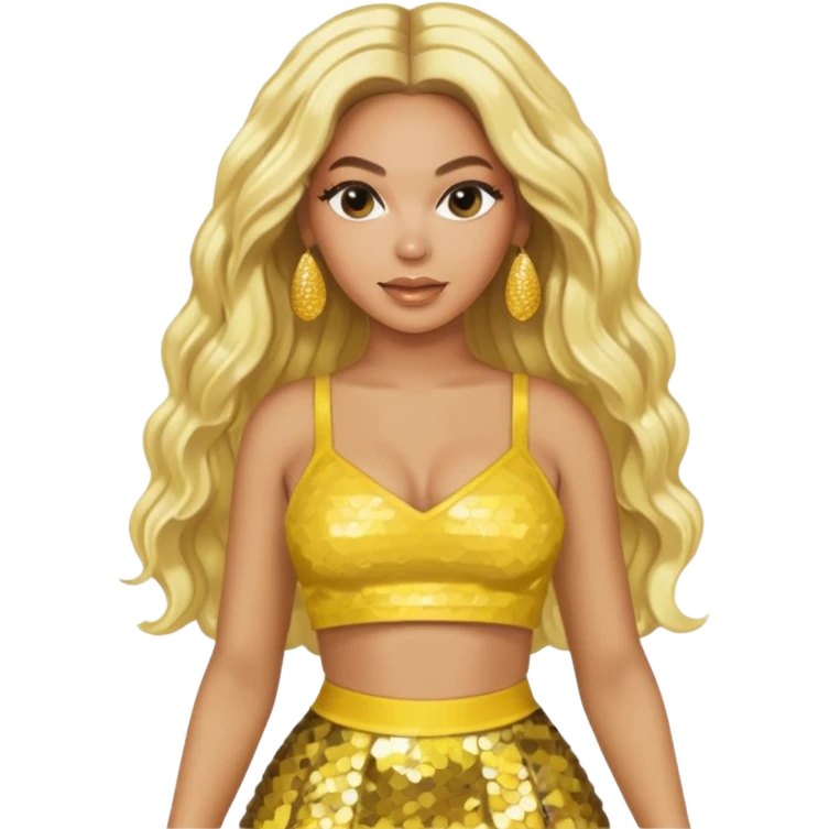 Beyonce with long platinum blonde hair, yellow sequin crop top yellow sequin skirt, gold earring emoji