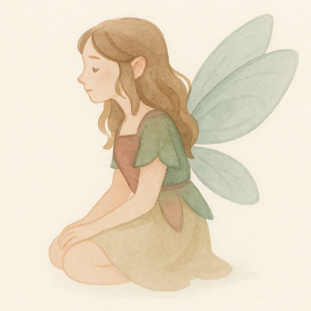 fairycore girl with brown, light pink, and green fairy clothes and wings, light brown hair, magical and whimsical, watercolor art style emoji