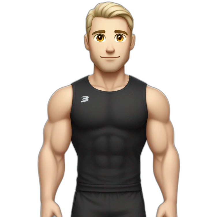 Pale skinned Fit Man With the biceps and dark brown hair in black shirt, gray sports shorts and white Sneakers Scales of the back of the head emoji