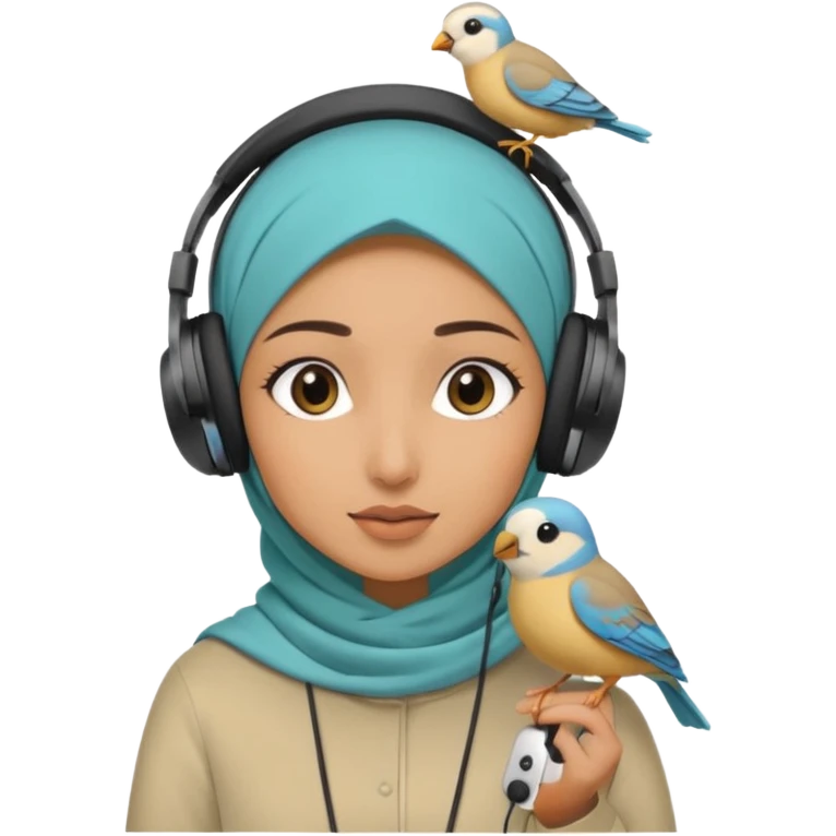 A hijabi girl with a medium skin tone wearing headphones with a small birdie on her head emoji