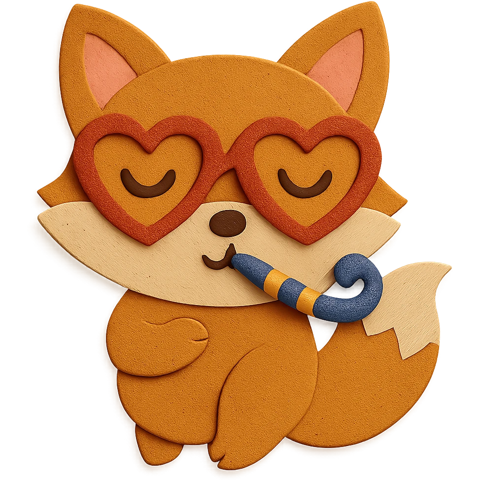 Refine the image by removing any excess or awkward body parts of the baby fox, making the pose cuter and more cohesive. Keep the heart glasses and party horn, and maintain the paper-craft style and color palette. emoji