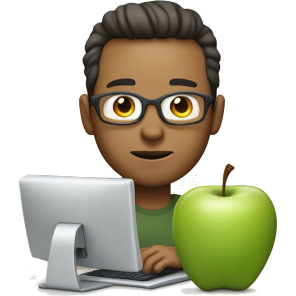Graphic designer about 40 years old, man, with white skin bordering on tan, without glasses and dark brown hair, using an apple computer while he creating branding  emoji