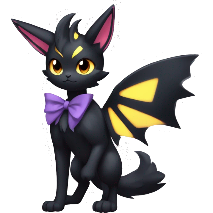 Shiny Dark Cool Edgy Black beautiful ethereal fantasy Kawaii Sona Umbreon-Noibat-Litten-Fakemon-cat-animal with edgy bat-ears bow tie black mane vtuber model Full Body emoji