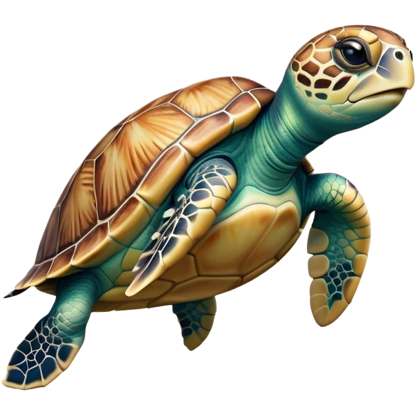 Cinematic Realistic Cute Sea Turtle Portrait Emoji, Head tilted playfully and inquisitively, featuring a compact, gentle form with a beautifully detailed shell adorned with natural patterns and a soft, expressive face with sparkling eyes, rendered with realistic textures and warm ambient light; high shine, affectionate and spirited, styled with a touch of marine whimsy, soft glowing outline, capturing the essence of a mischievous yet lovable sea turtle that seems ready to swim playfully into your arms! emoji