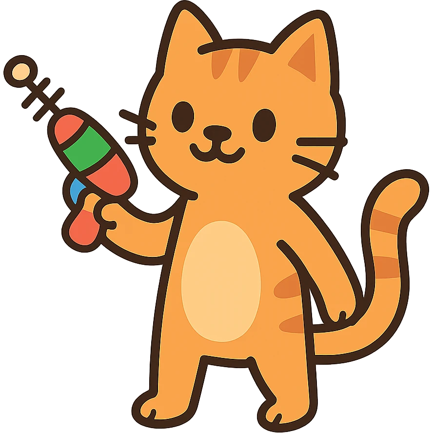 flat toon style cat with a playful ray gun emoji