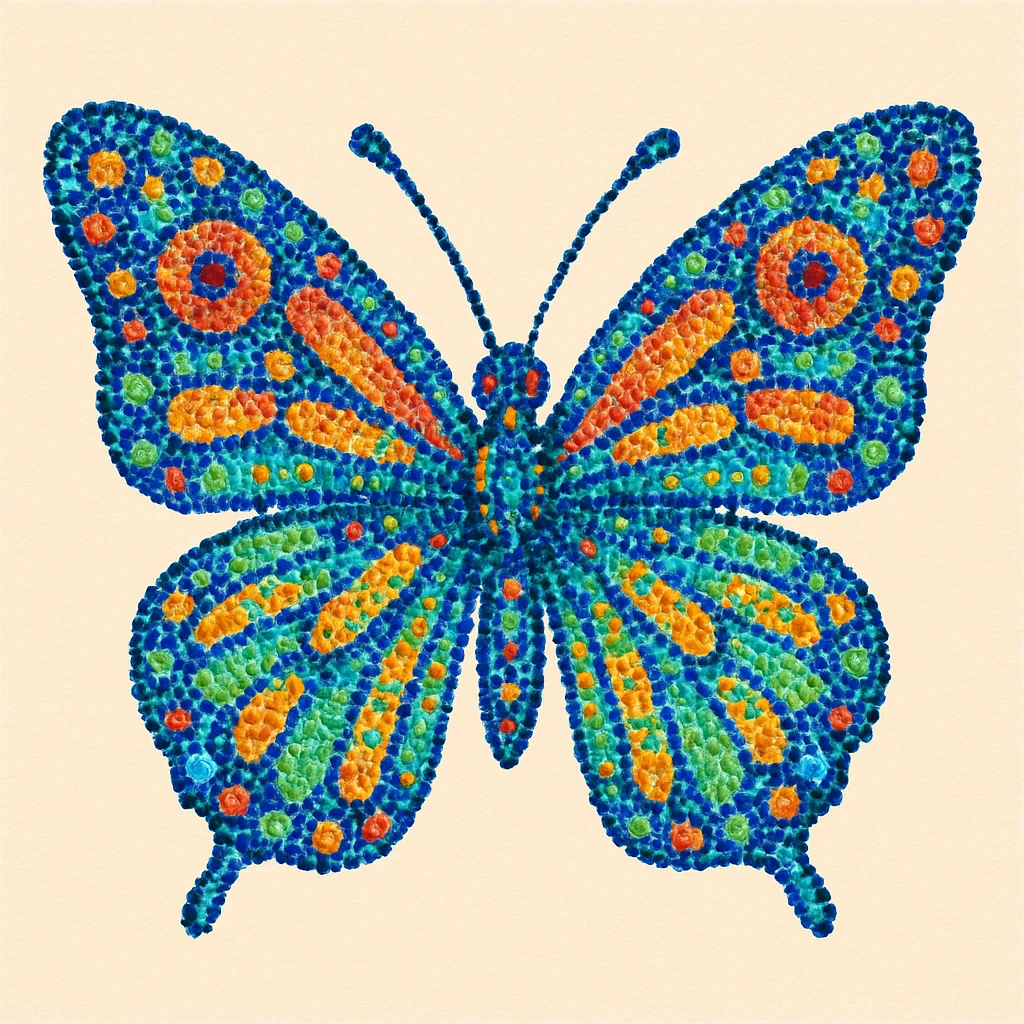 A colorful butterfly with intricate wing patterns, composed entirely of vibrant dots of various sizes and colors creating a beautiful pointillist effect emoji