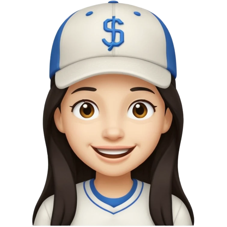 Digital illustration of a cartoon character with a big smile on its face and winking with one eye. The character has long dark hair and is wearing a white baseball cap and casual clothes. The overall style of the illustration is cute and playful. emoji