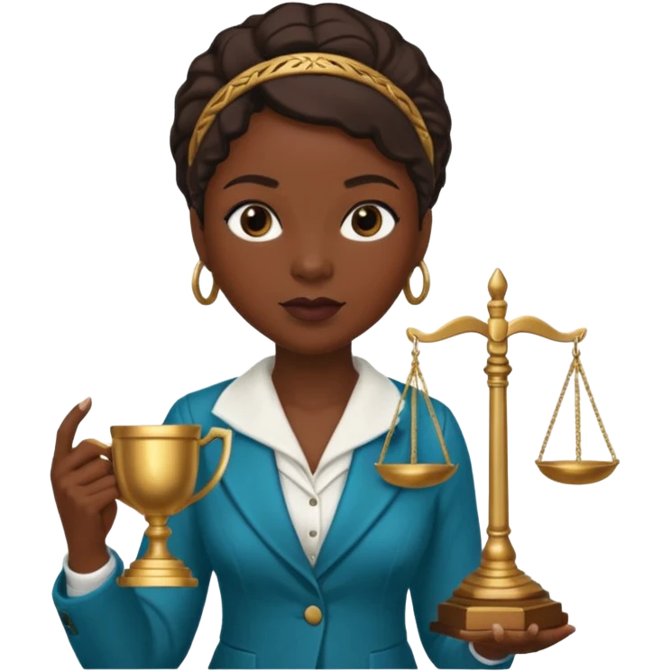 Black teacher/professor looking like the fictional character Annalise Keating from How To Get Away With Murder, holding a statue of justice and with a school board in the background emoji