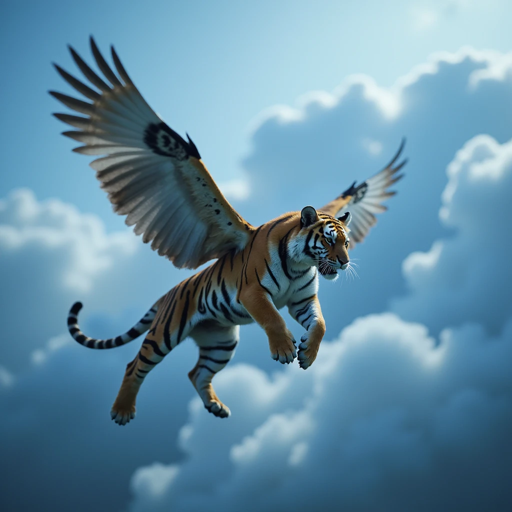 Cinematic still of a Tiger with wings and corwn flying around clouds, blue solid color, with cinematic blur emoji