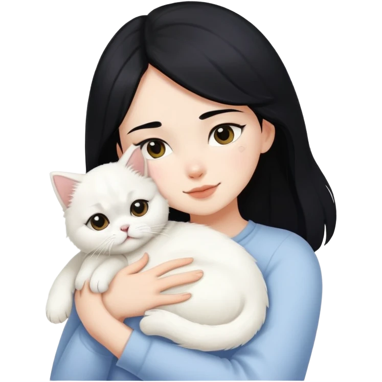 One black hair girl hugging one white puppy and one white persian cat emoji